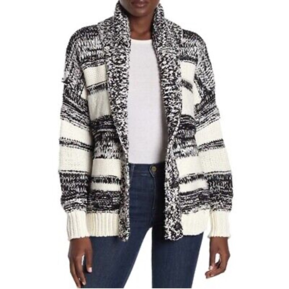 360 Sweater Annie Stripe Knit Cardigan Black White Pockets Heavyweight M NEW$391